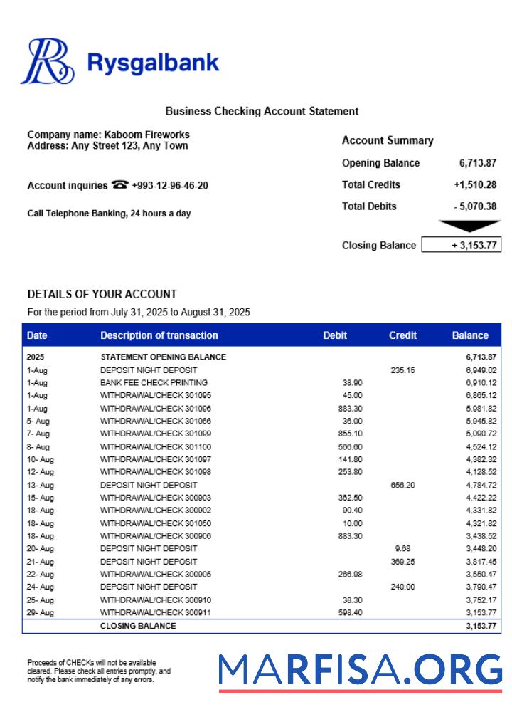 Realistic Turkmenistan Rysgal firm account statement Word and PDF template